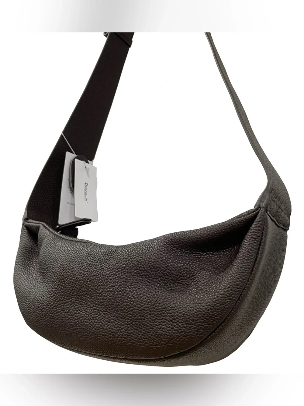 Leather Crescent Shoulder Bag in Dark Brown - Donnain